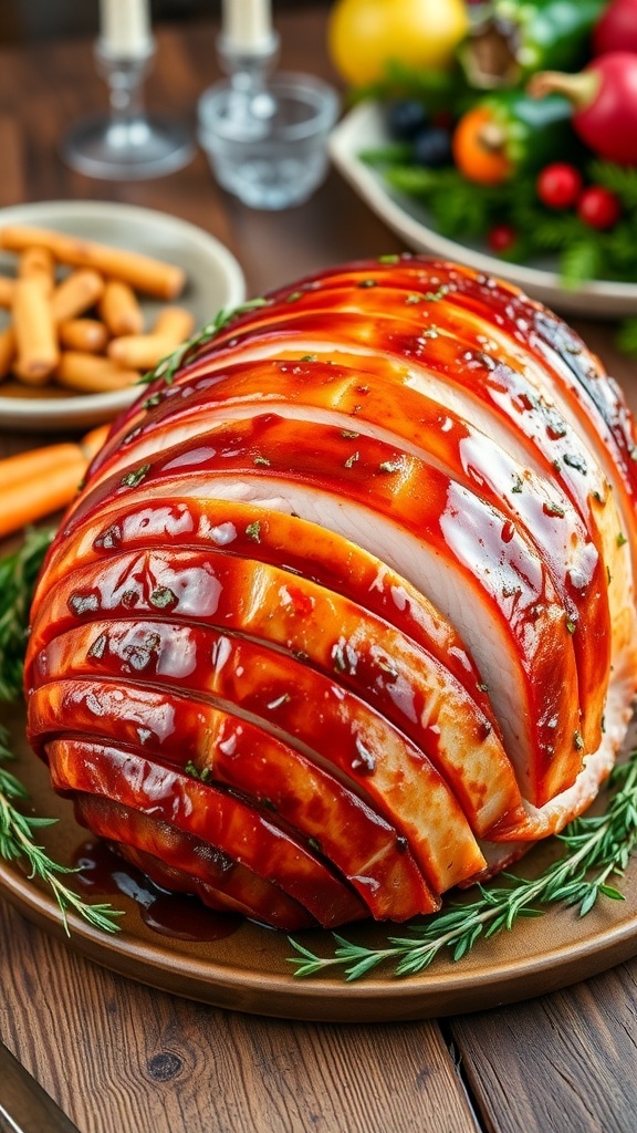 Oven-Baked Spiral Ham Recipe A glazed spiral ham with caramelized glaze on a wooden table, garnished with herbs.